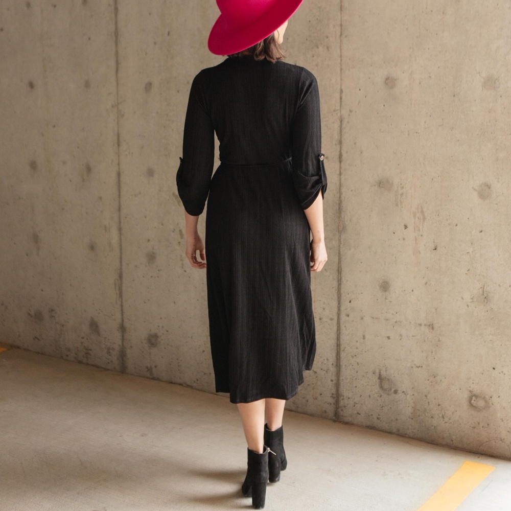 Black Ribbed Knit Midi Wrap Dress - Picture 4 of 16